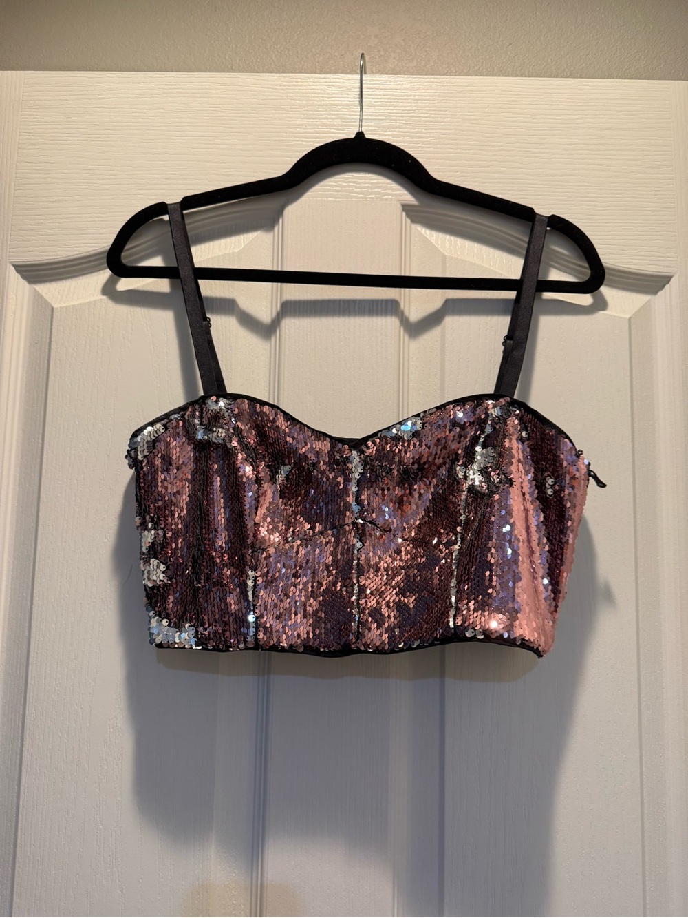 Milly Reversible Sequin Bustier Crop Top in Rose Pink and Silver